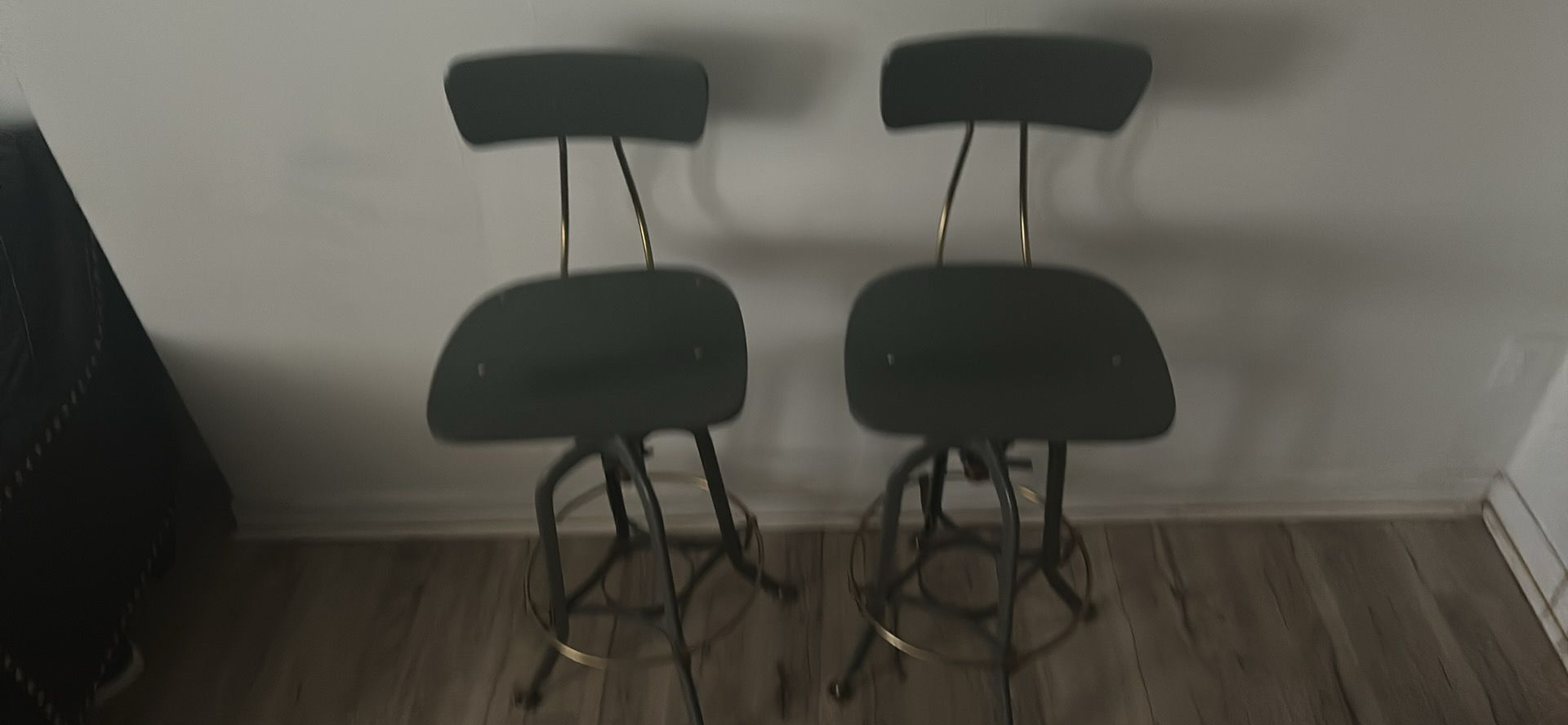 Set of 2 Mid-Century Modern Industrial Adjustable Bar Stools - Grey & Brass image 2
